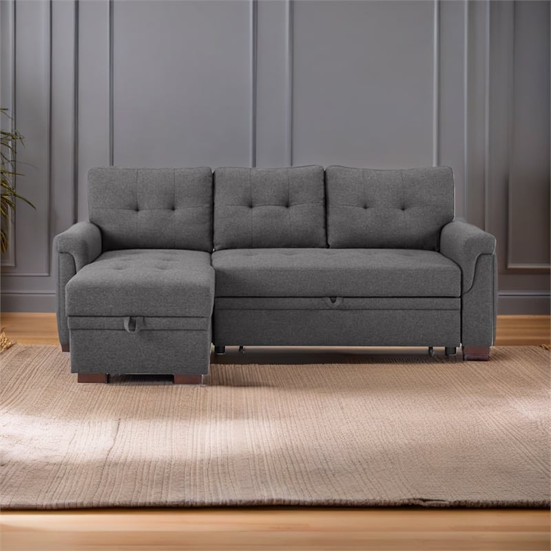 Bowery Hill Fabric Reversible/Sectional Modern Sleeper Sofa with Storage in Gray
