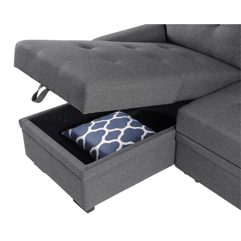 Bowery Hill Fabric Reversible/Sectional Modern Sleeper Sofa with Storage in Gray