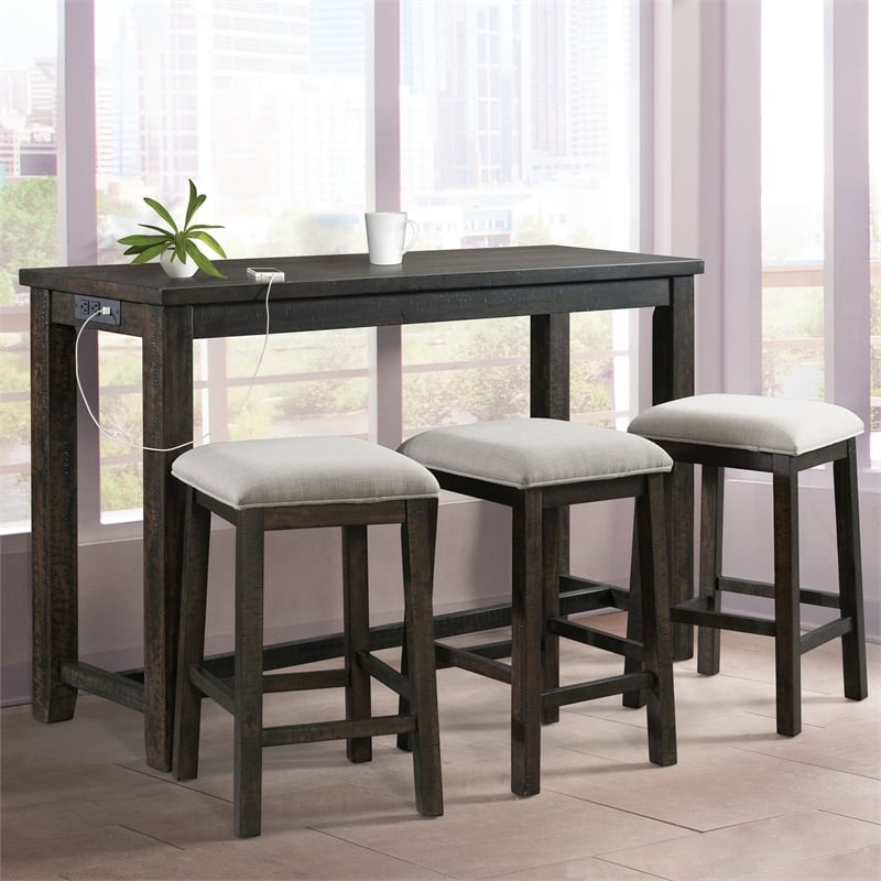 Bowery Hill Upholstered Smokey Walnut Bar Table Set Rectangular USB Ports 60