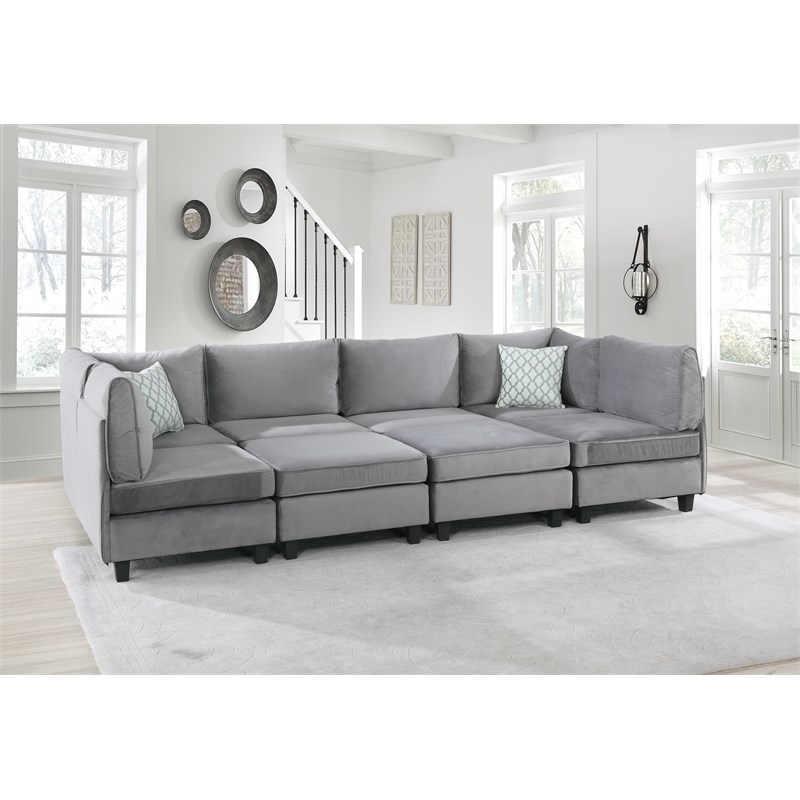 Bowery Hill Contemporary 8-Piece Velvet Modular Sectional Sofa in Gray