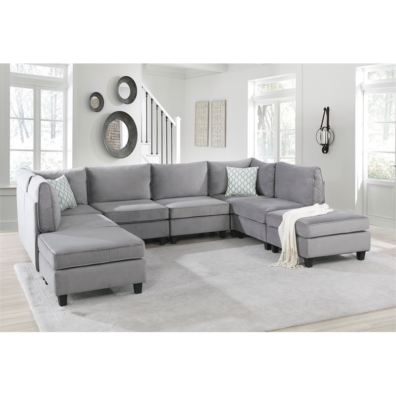 Bowery Hill Contemporary 8-Piece Velvet Modular Sectional Sofa in Gray