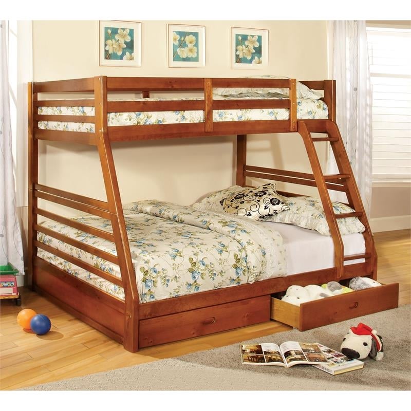 Bowery Hill Solid Wood Oak Twin Over Full Bunk Bed Rectangular Slatted Guard Rails Unassembled