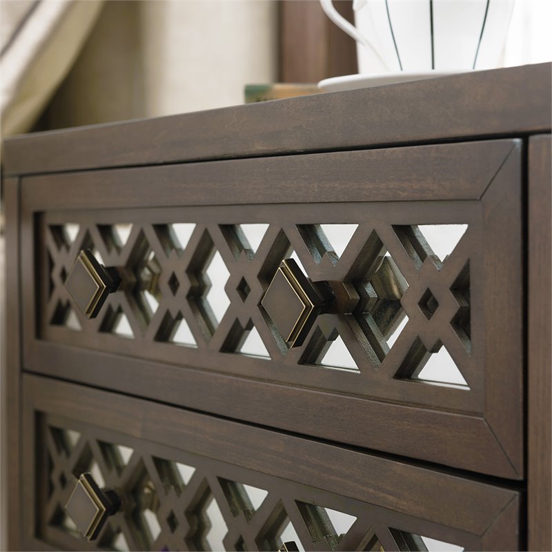 Bowery Hill Diamond Mirrored 2-Drawers Accent End Table in Walnut