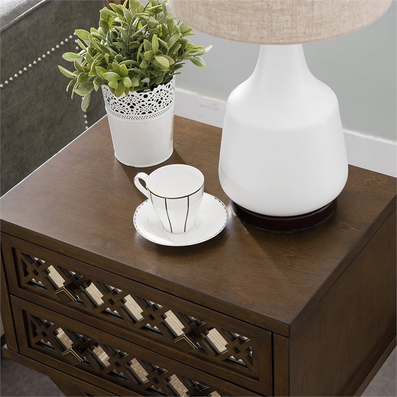 Bowery Hill Diamond Mirrored 2-Drawers Accent End Table in Walnut