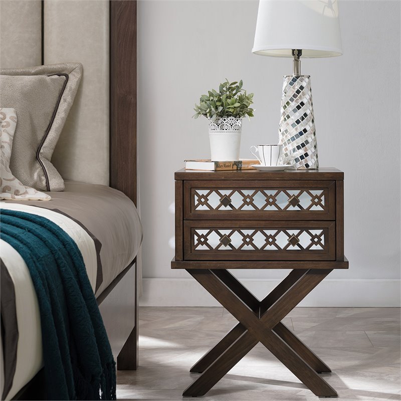 Bowery Hill Diamond Mirrored 2-Drawers Accent End Table in Walnut