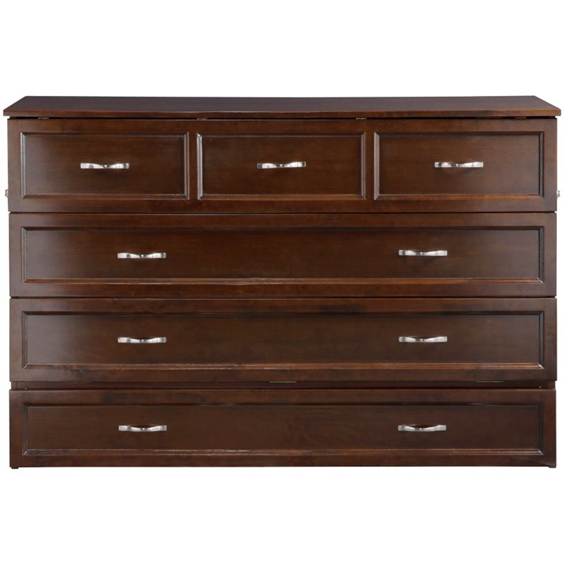 Bowery Hill Queen Traditional Solid Wood Murphy Bed Chest w/ Mattress in Walnut