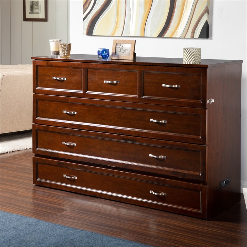 Bowery Hill Queen Traditional Solid Wood Murphy Bed Chest w/ Mattress in Walnut