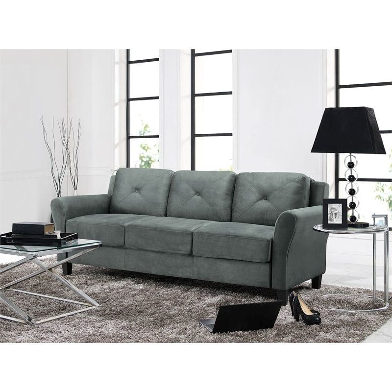 Bowery Hill Rolled Arm Contemporary Microfiber & Wood Sofa in Dark Gray