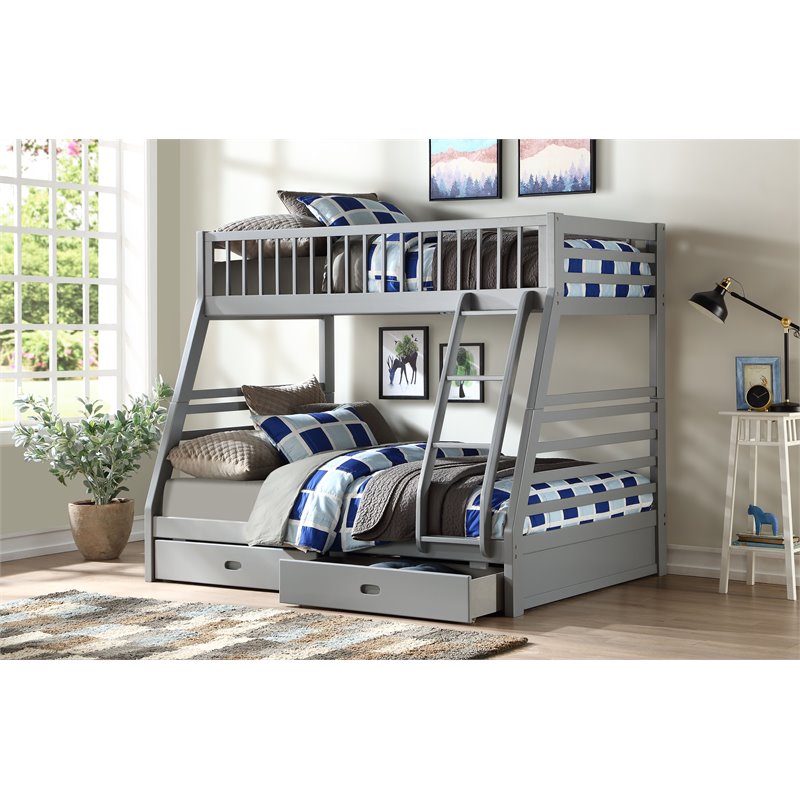 Bowery Hill Contemporary Twin over Full Bunk Bed with 2 Drawers in Gray
