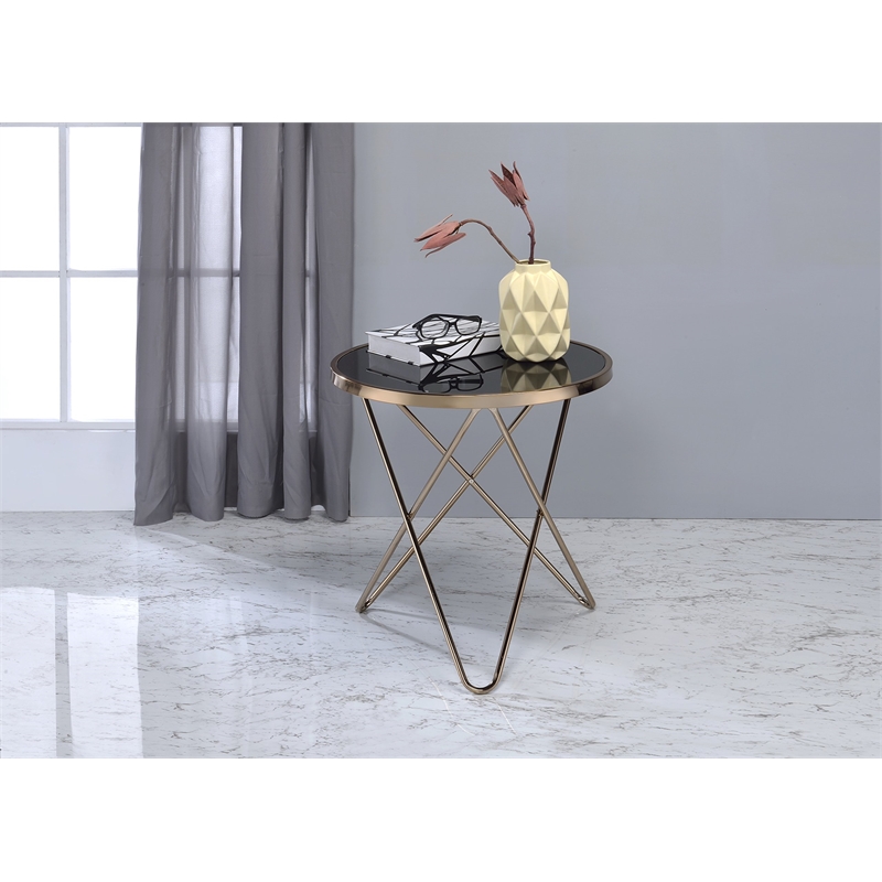 Bowery Hill Round Metal and Glass End Table in Black/Champagne