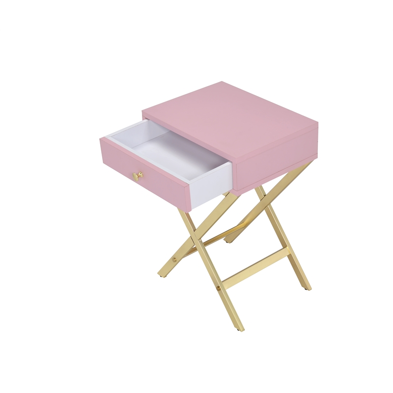 Bowery Hill 1 Drawer Modern Metal/Wood Side Table in Pink/Gold