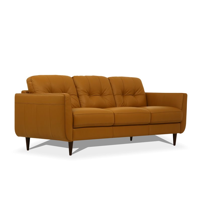 Bowery Hill Leather Caramel Sofa Rectangular Button Tufting 83