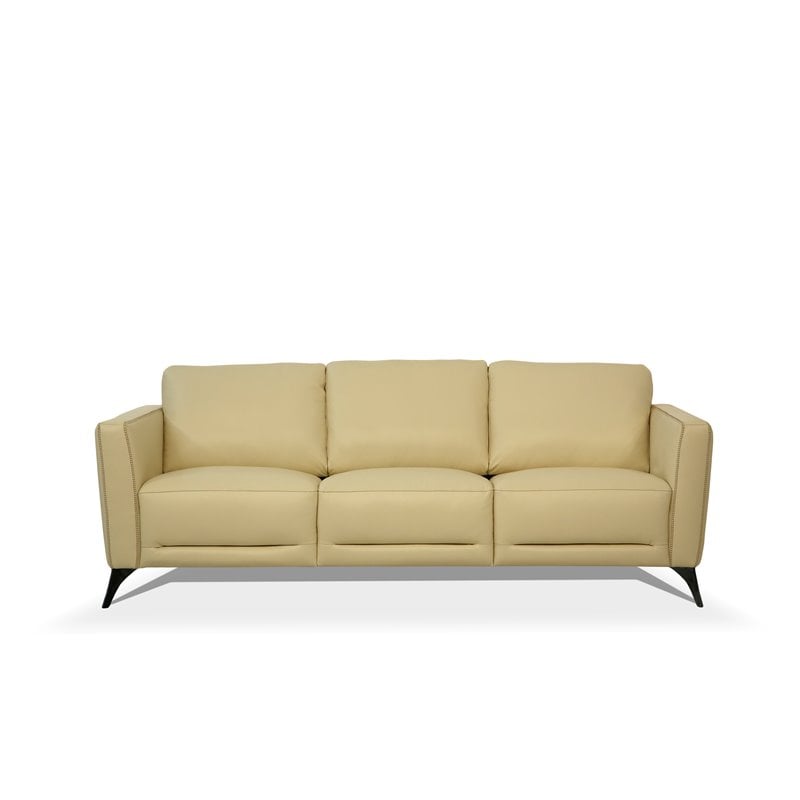 Bowery Hill Contemporary Leather and Metal Sofa in Cream Beige
