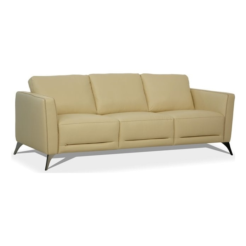 Bowery Hill Contemporary Leather and Metal Sofa in Cream Beige