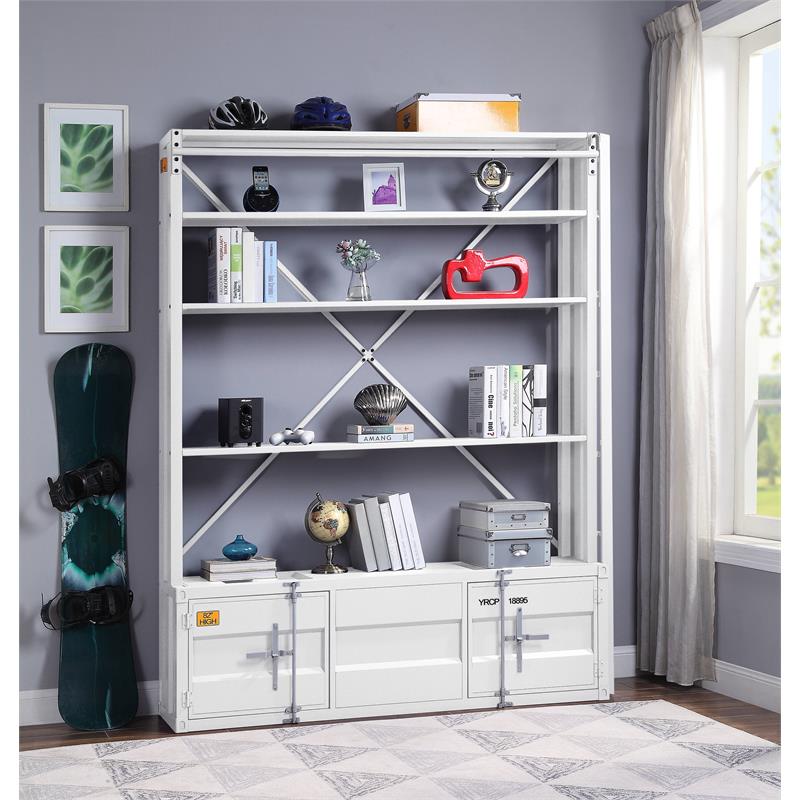 Bowery Hill Modern 4 Shelf Metal Bookshelf with Ladder in White