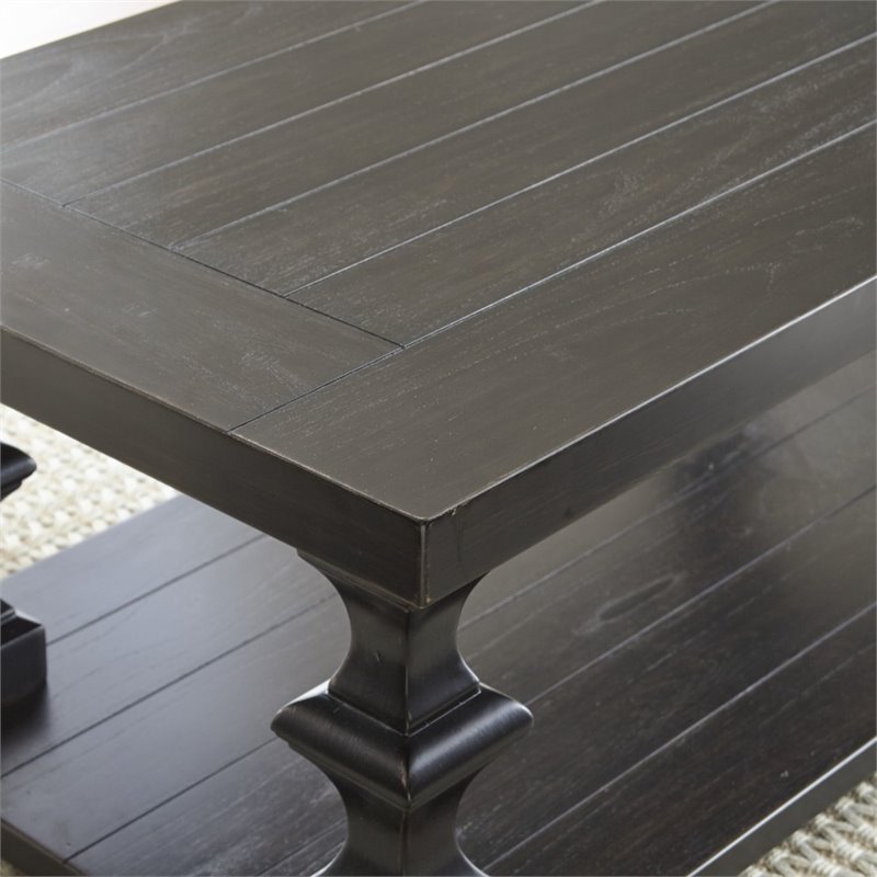 Bowery Hill Wood Coffee Table with Planked Top and Pedestal Base in Ebony