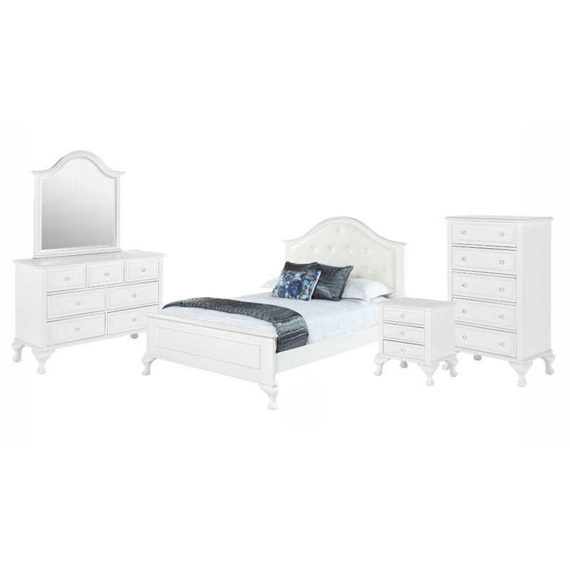 Bowery Hill Button Tufted Faux Leather 5 Piece Full Kids Bedroom Set in White