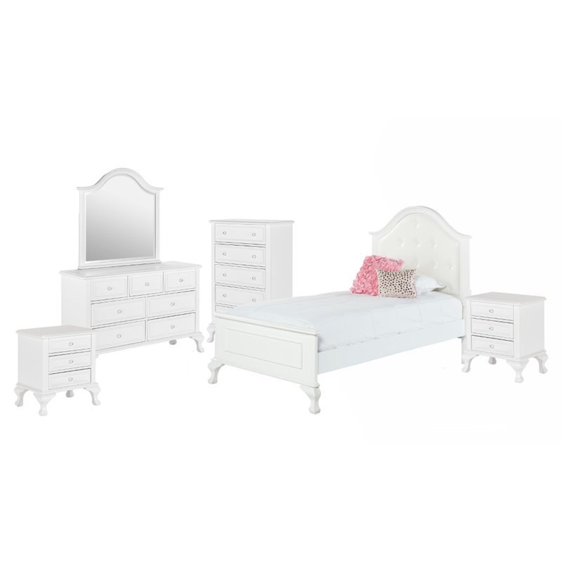 Bowery Hill Button Tufted Faux Leather 6 Piece Twin Kids Bedroom Set in White
