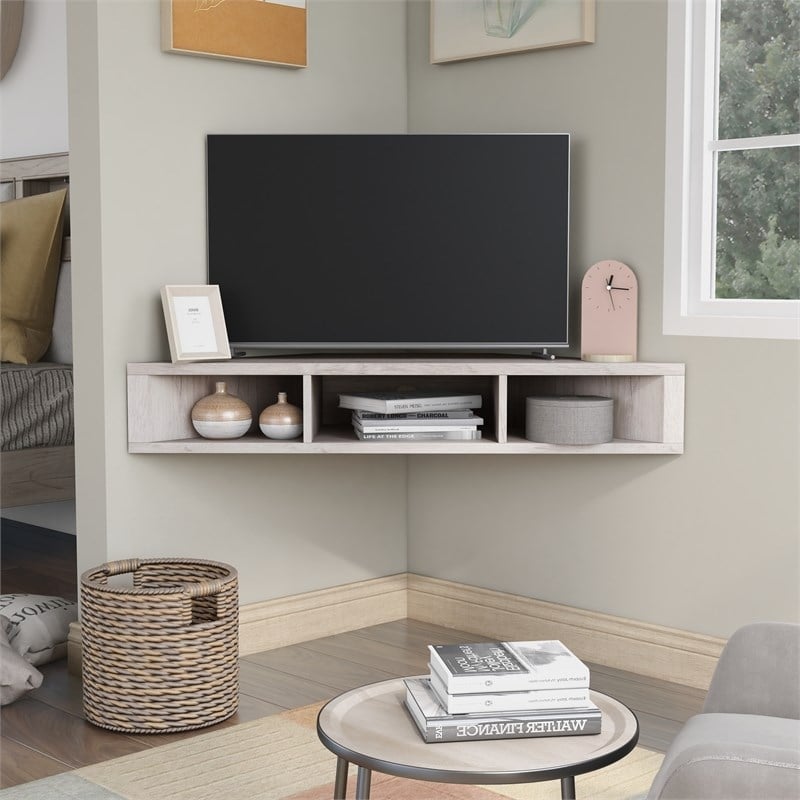 Bowery Hill MDF White Oak Floating Corner TV Stand Rectangular Cable Management 46.5