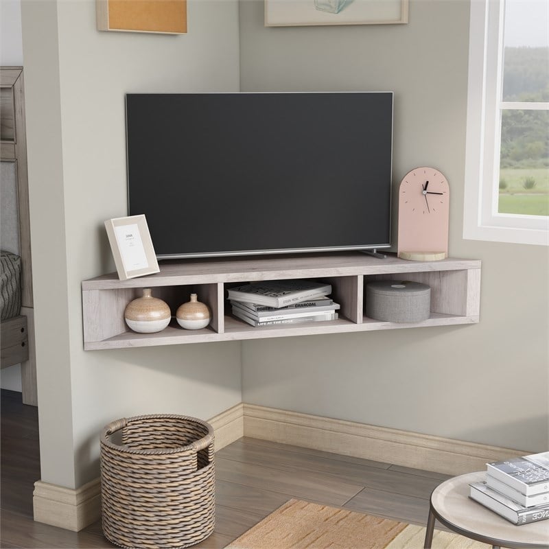 Bowery Hill MDF White Oak Floating Corner TV Stand Rectangular Cable Management 46.5