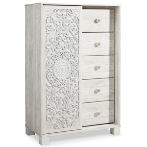 Bowery Hill 5-Drawers with Sliding Door Bedroom Chest in White Wash