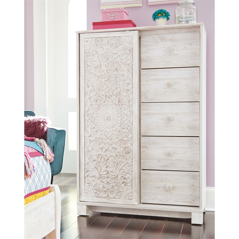 Bowery Hill 5-Drawers with Sliding Door Bedroom Chest in White Wash