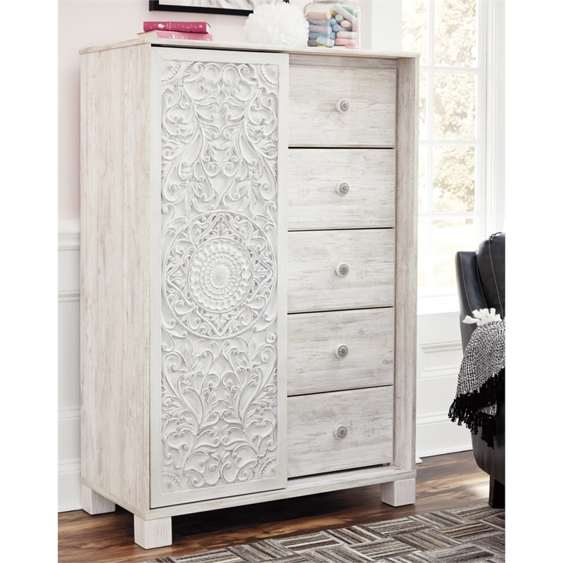 Bowery Hill 5-Drawers with Sliding Door Bedroom Chest in White Wash