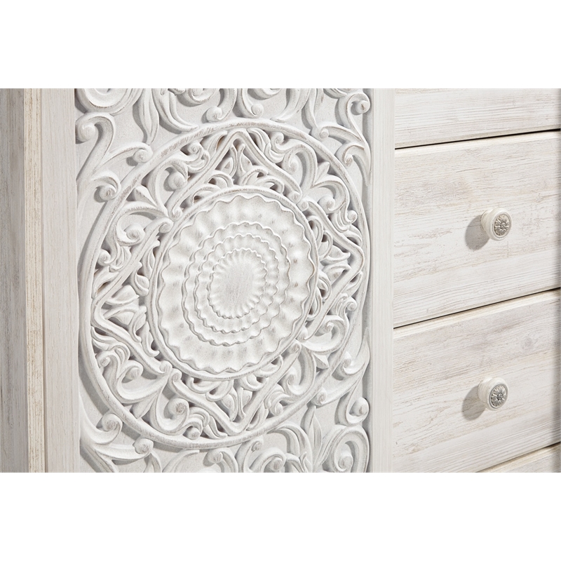 Bowery Hill 5-Drawers with Sliding Door Bedroom Chest in White Wash