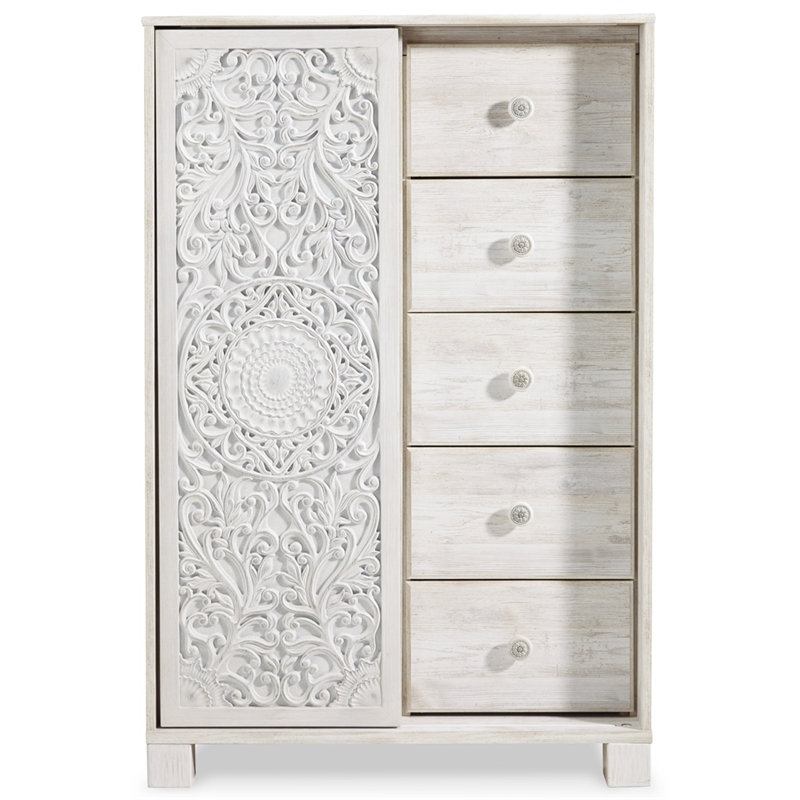 Bowery Hill 5-Drawers with Sliding Door Bedroom Chest in White Wash