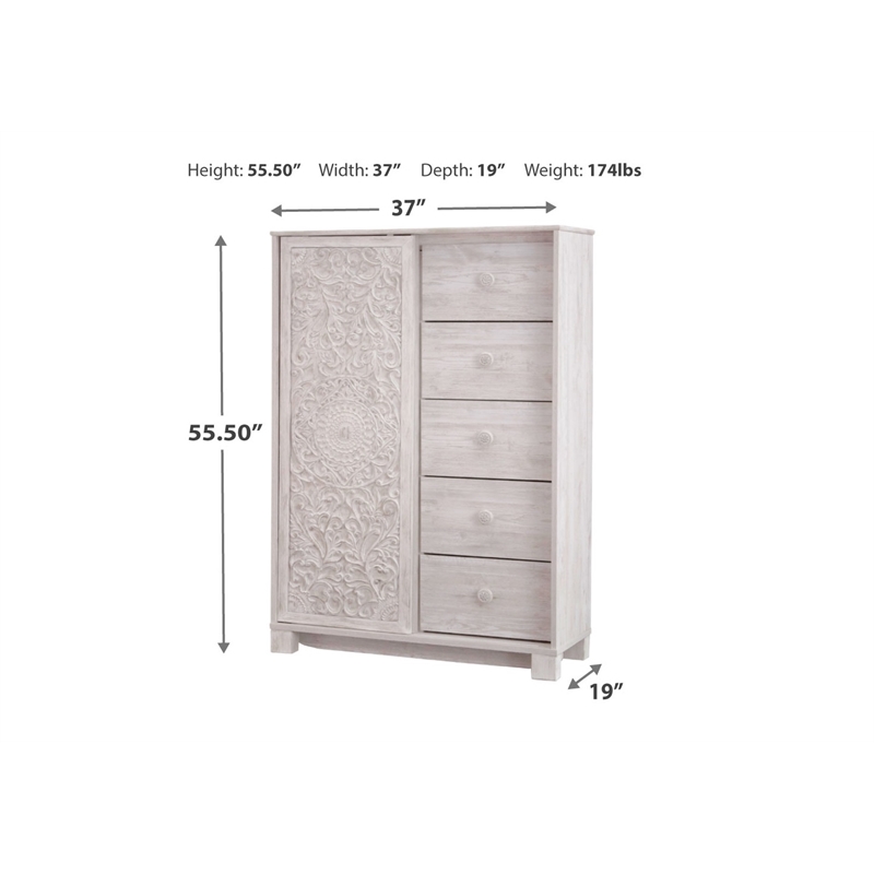Bowery Hill 5-Drawers with Sliding Door Bedroom Chest in White Wash