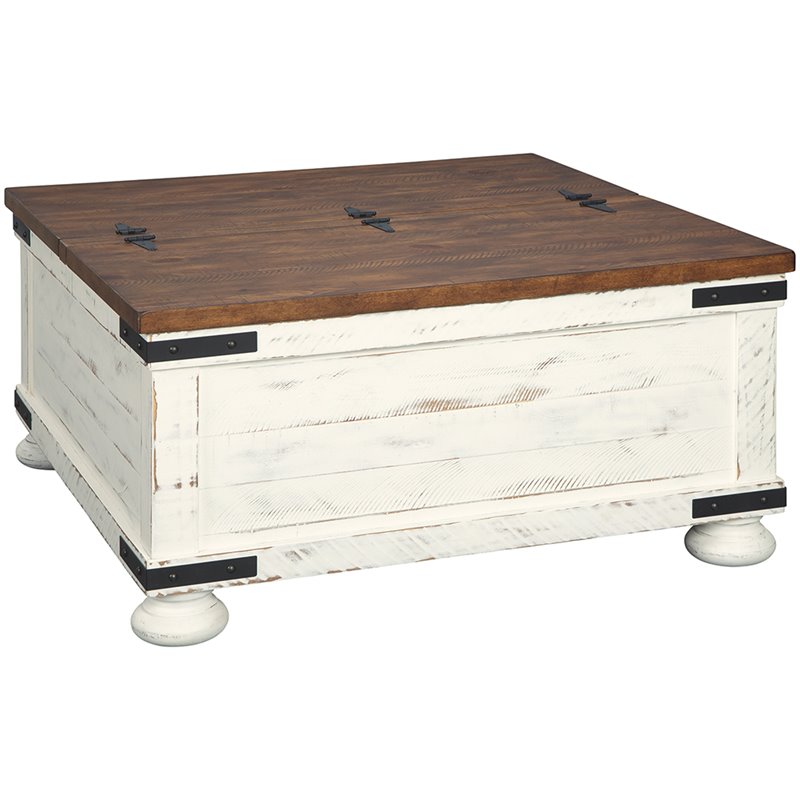 Bowery Hill Veneers Vintage White Coffee Table Square Hinged Lift-Top Design 36