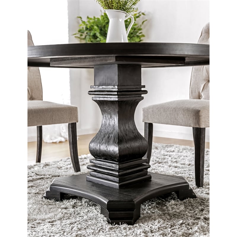 Bowery Hill Solid Wood Antique Black Dining Table Round Pedestal Base 48