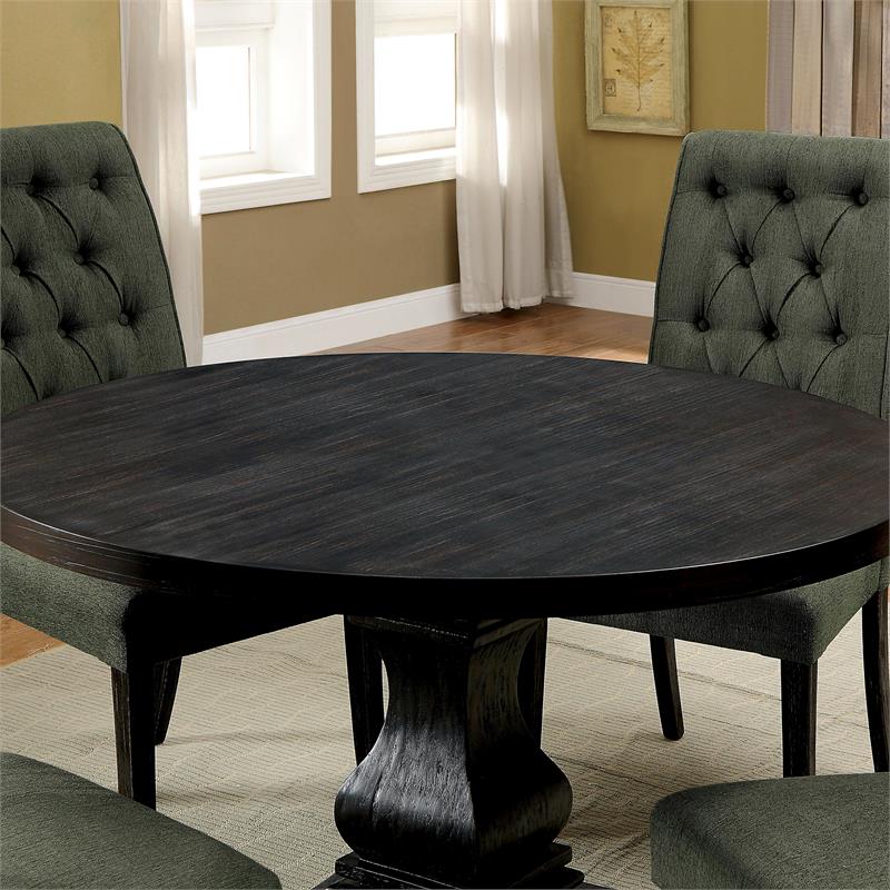Bowery Hill Solid Wood Antique Black Dining Table Round Pedestal Base 48