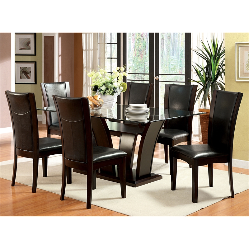 Bowery Hill Solid Wood Brown Cherry Dining Table Rectangular Glass Top 72