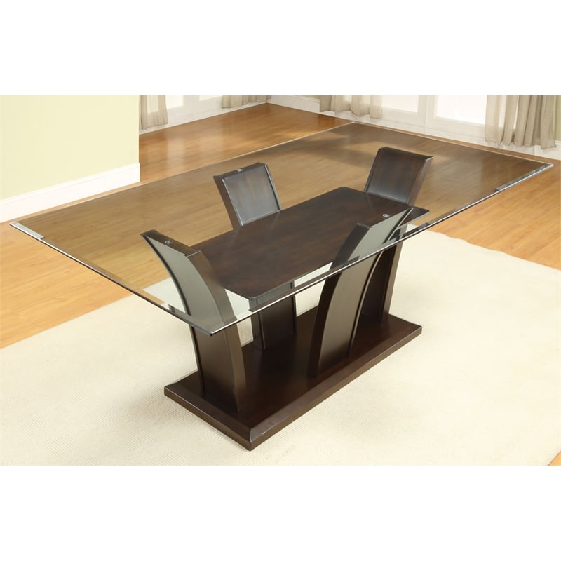Bowery Hill Solid Wood Brown Cherry Dining Table Rectangular Glass Top 72