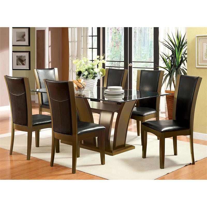 Bowery Hill Solid Wood Brown Cherry Dining Table Rectangular Glass Top 72