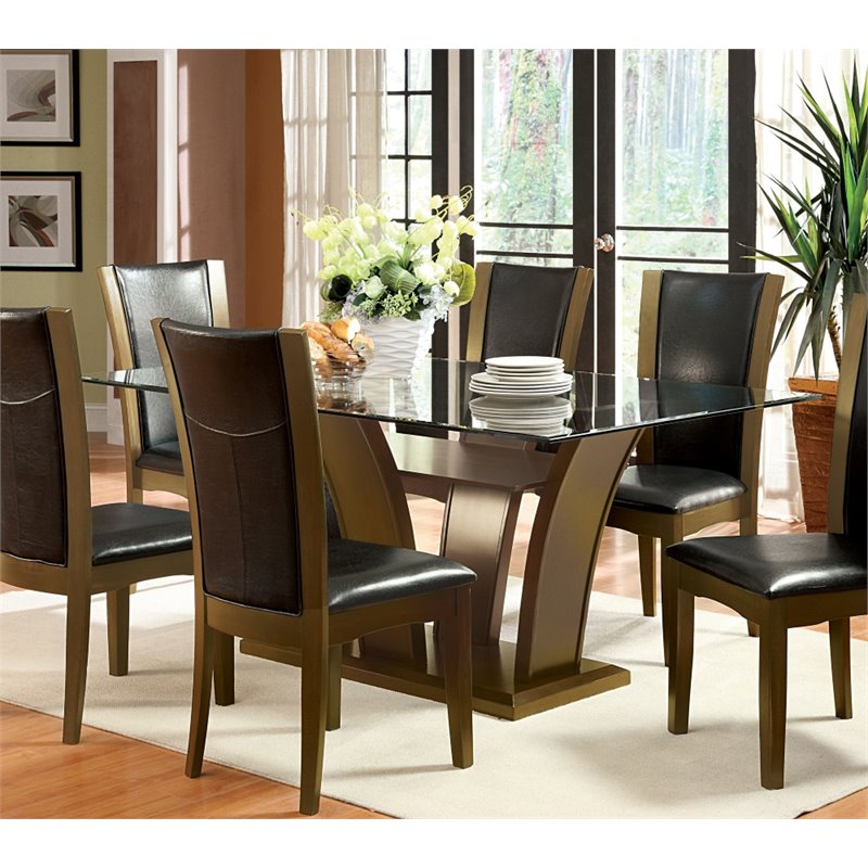 Bowery Hill Solid Wood Brown Cherry Dining Table Rectangular Glass Top 72