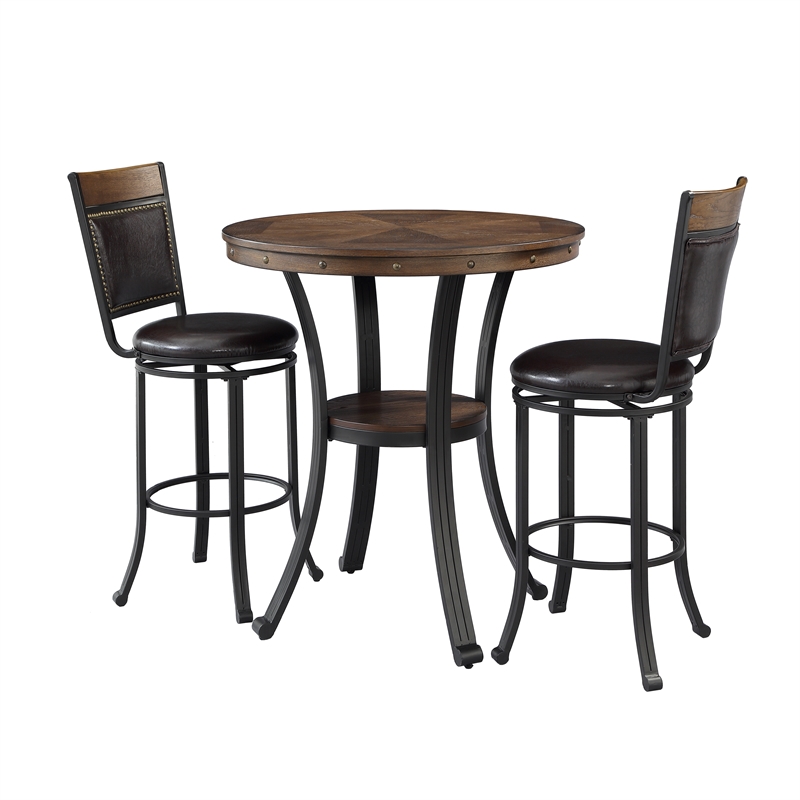 Bowery Hill 3 Piece Metal and Wood Pub Table Set in Rustic Umber Brown