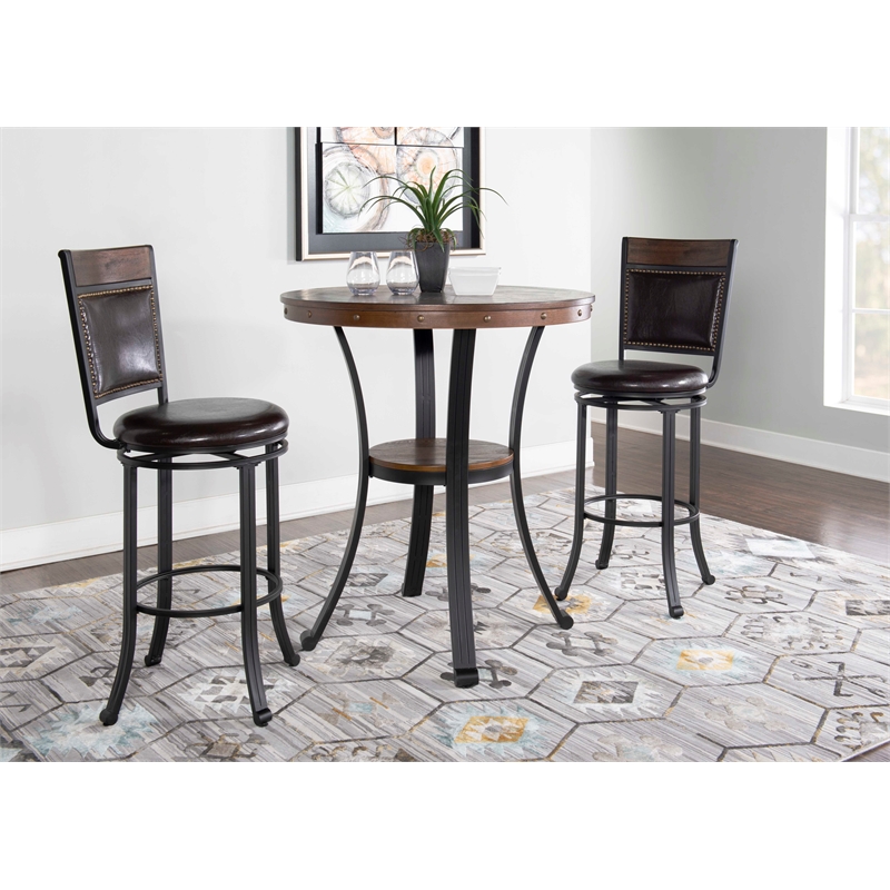 Bowery Hill 3 Piece Metal and Wood Pub Table Set in Rustic Umber Brown