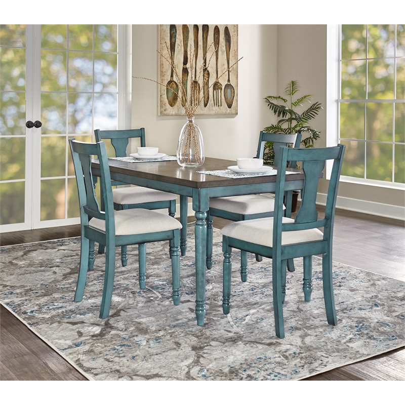 Bowery Hill Wood Teal Blue Dining Set Rectangular Five Piece 35.5