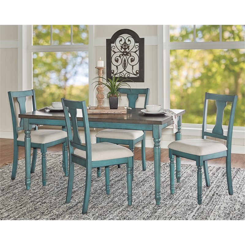 Bowery Hill Wood Teal Blue Dining Set Rectangular Five Piece 35.5