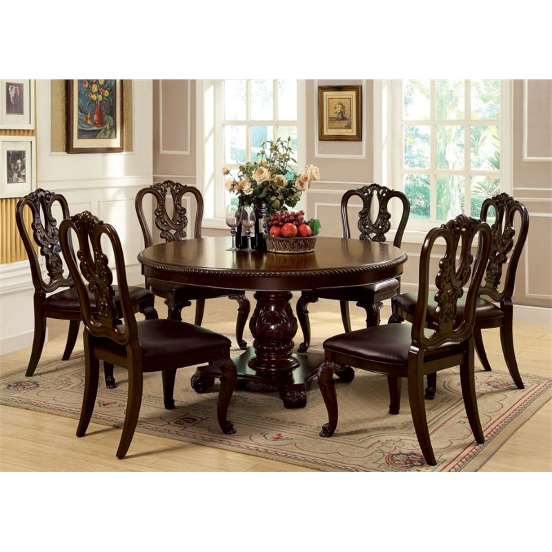 Bowery Hill Wood Brown Dining Set Round Premium Upholstered 60