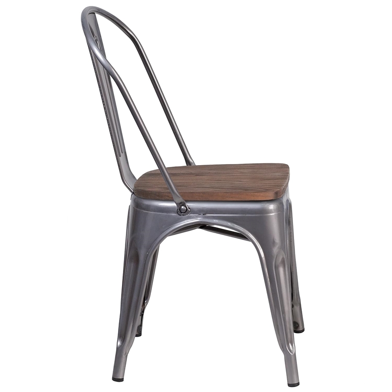Bowery Hill Metal Gray Dining Side Chair Stackable Textured Walnut Elm Wood Seat 33.5