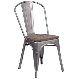 Bowery Hill Metal Gray Dining Side Chair Stackable Textured Walnut Elm Wood Seat 33.5&quot Unassembled