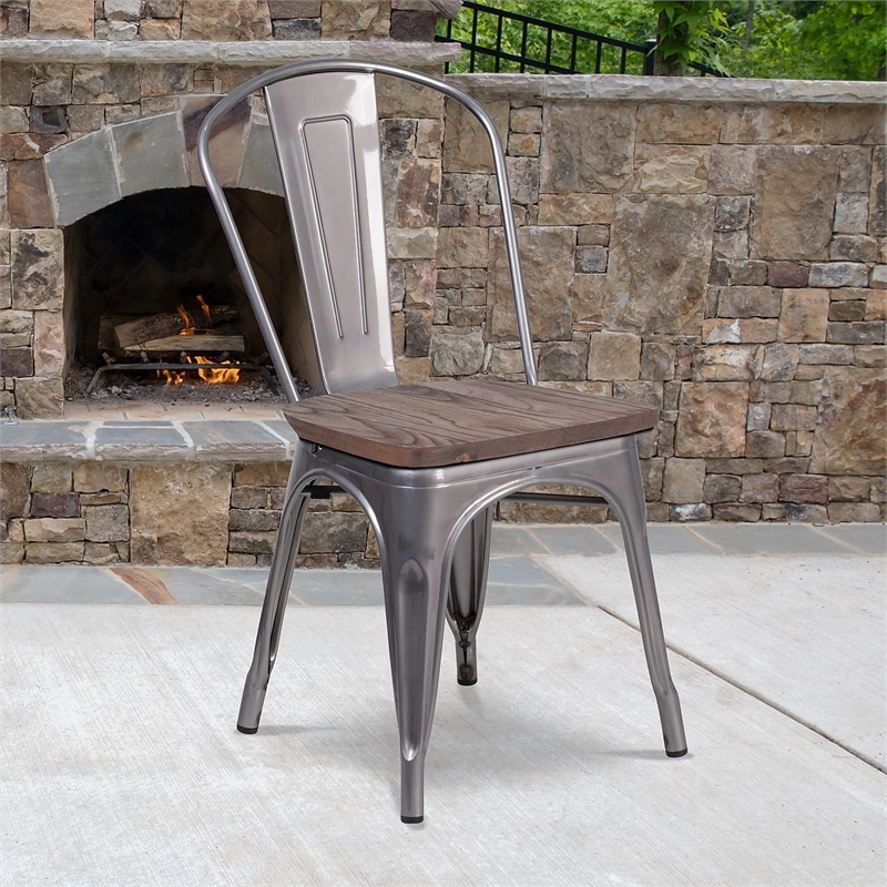 Bowery Hill Metal Gray Dining Side Chair Stackable Textured Walnut Elm Wood Seat 33.5