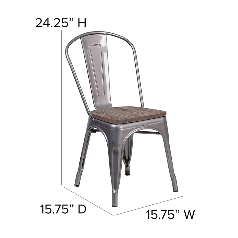 Bowery Hill Metal Gray Dining Side Chair Stackable Textured Walnut Elm Wood Seat 33.5