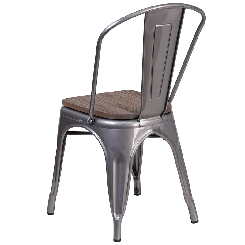 Bowery Hill Metal Gray Dining Side Chair Stackable Textured Walnut Elm Wood Seat 33.5