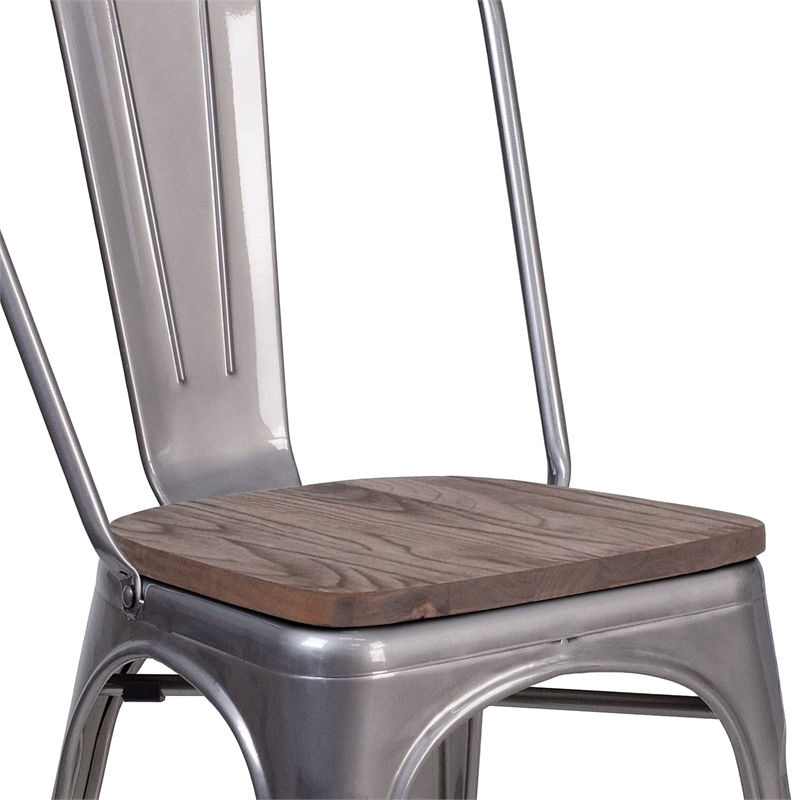 Bowery Hill Metal Gray Dining Side Chair Stackable Textured Walnut Elm Wood Seat 33.5