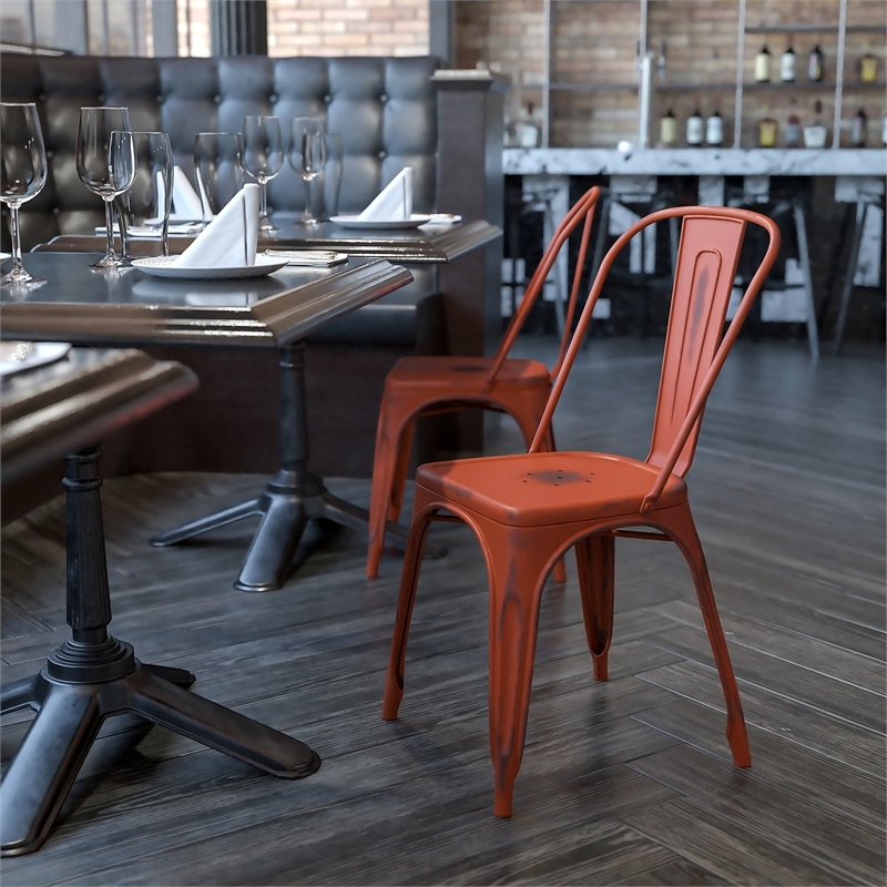 Bowery Hill Metal Curved Slat Back Dining Side Chair in Distressed Kelly Red