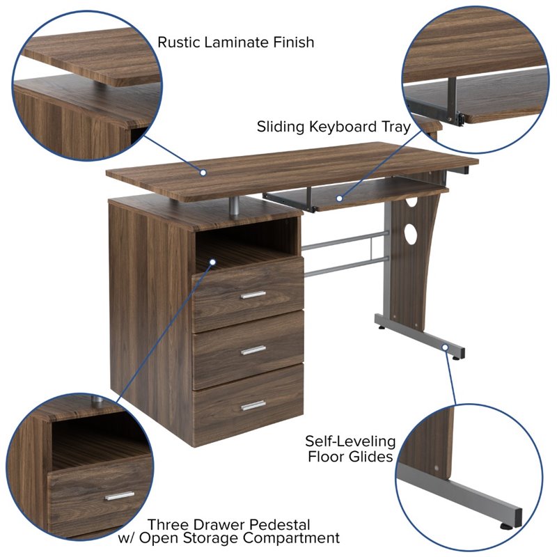 Bowery Hill Rustic 3-Drawers Pedestal Computer Desk in Rustic Walnut